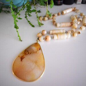 VTG Teardrop Pendant and Carved Bead Boho Necklace